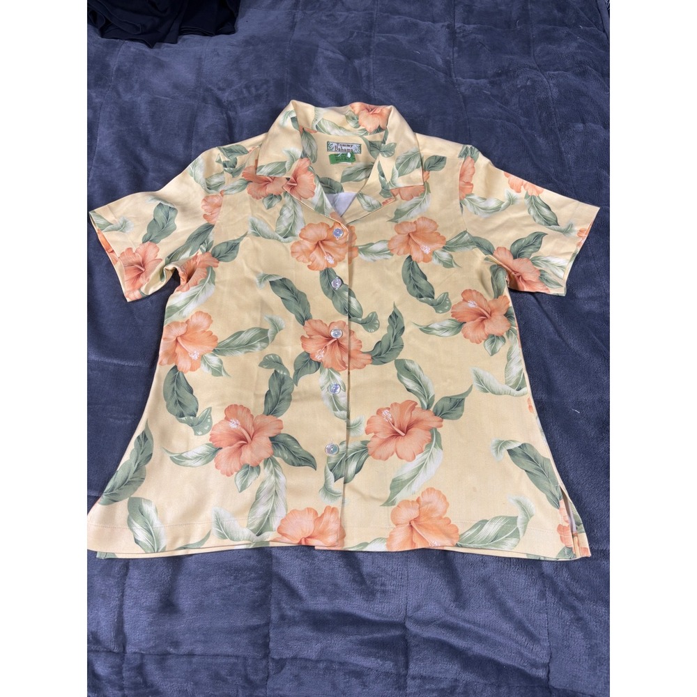 Tommy Bahama‎ Womens Yellow Hibiscus Floral Silk Blend Camp Shirt Small D67914-1